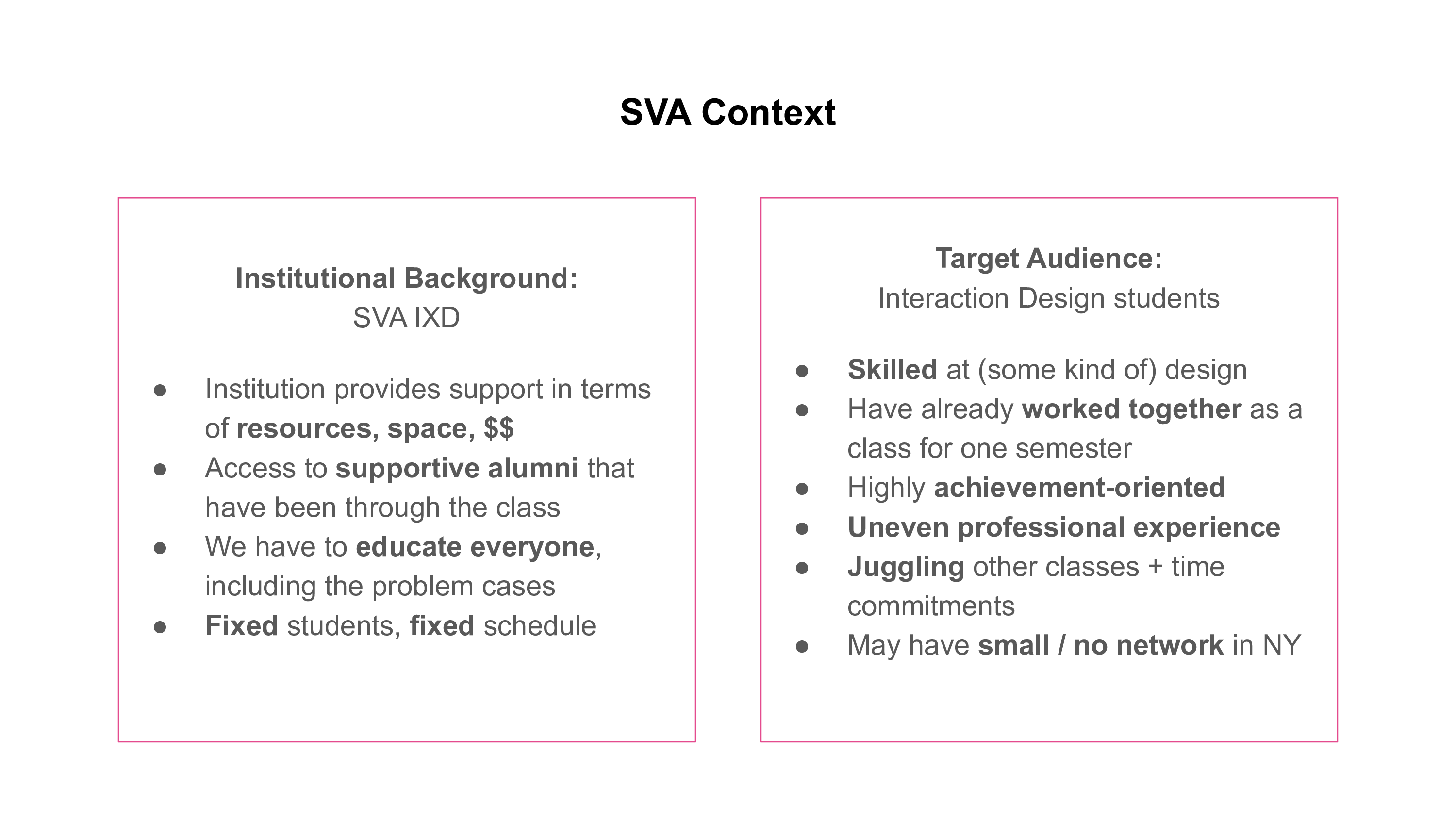 At SVA, we were working within an institution that provided resources, space, and access to supportive alumni; we also had a fixed group of students and a fixed schedule. The students are generally skilled at some kind of design, but tend to be highly achievement-oriented and are juggling other commitments. Many have small or no networks in New York.