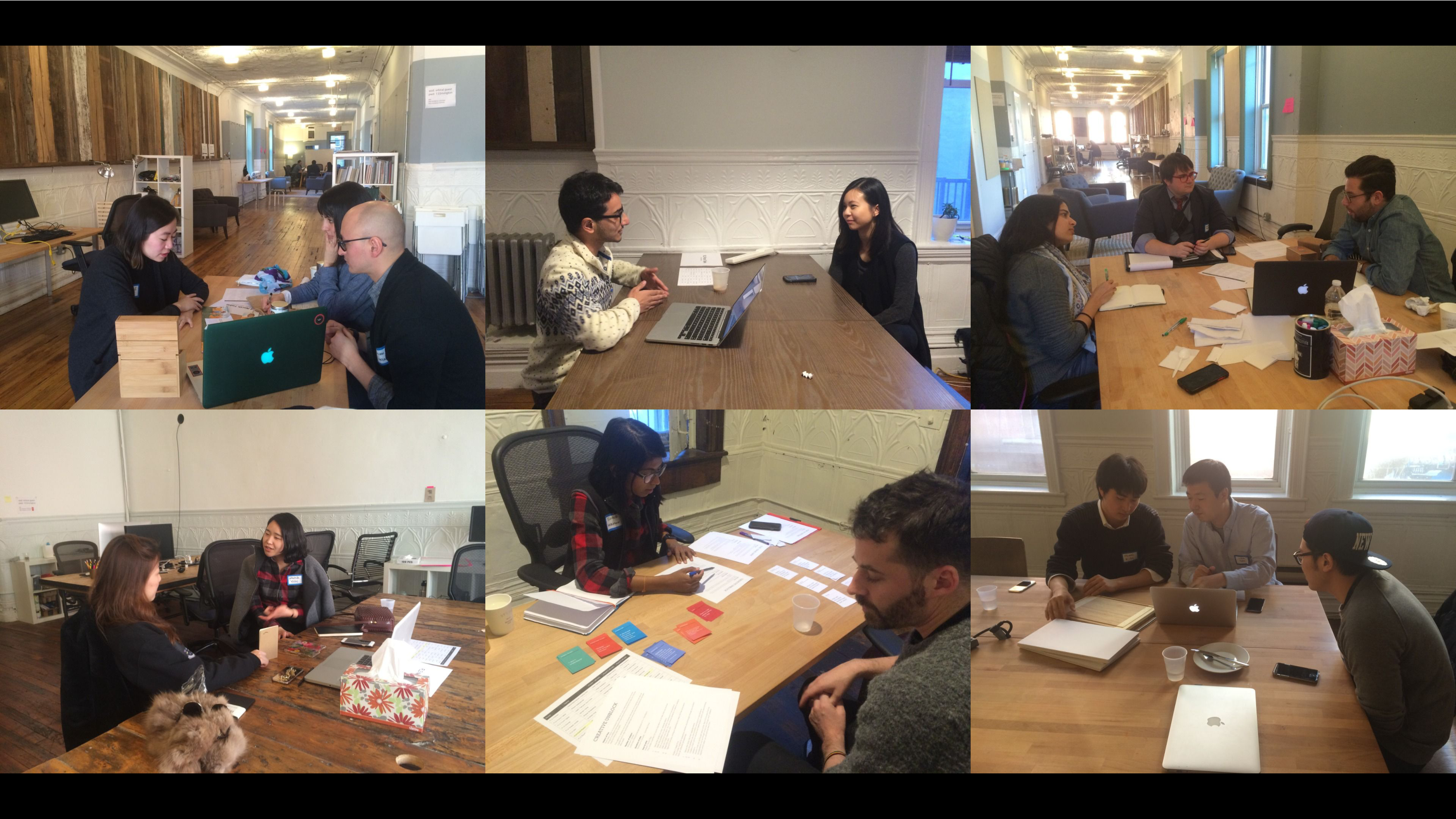  At top, students and advisors gather to listen to advisor takeaways at the end of the event. At bottom, a collage of individual meetings between students and advisors during the event.