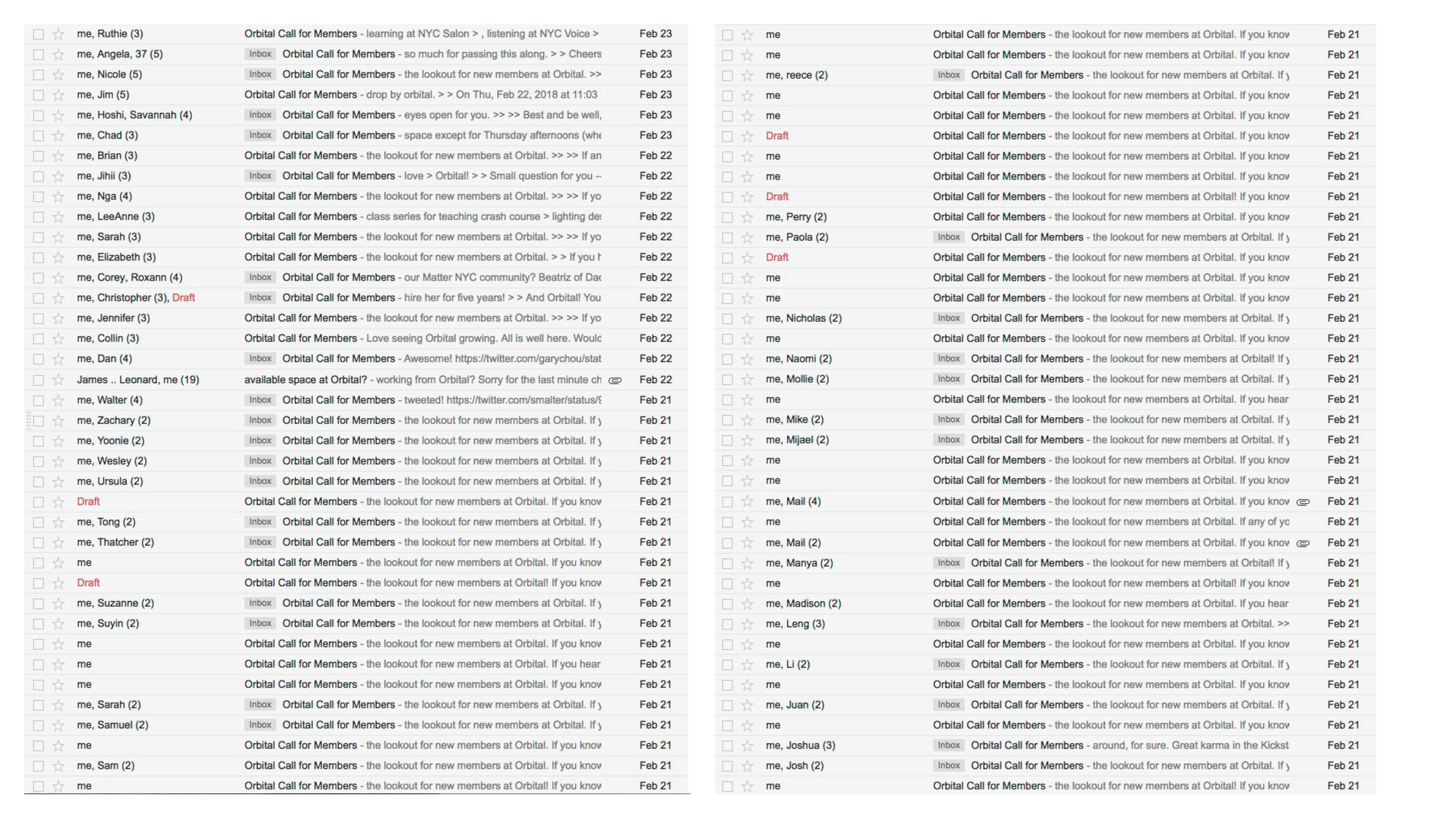 Screenshots of the hundreds of emails Gary sent out when Orbital was recruiting new members.