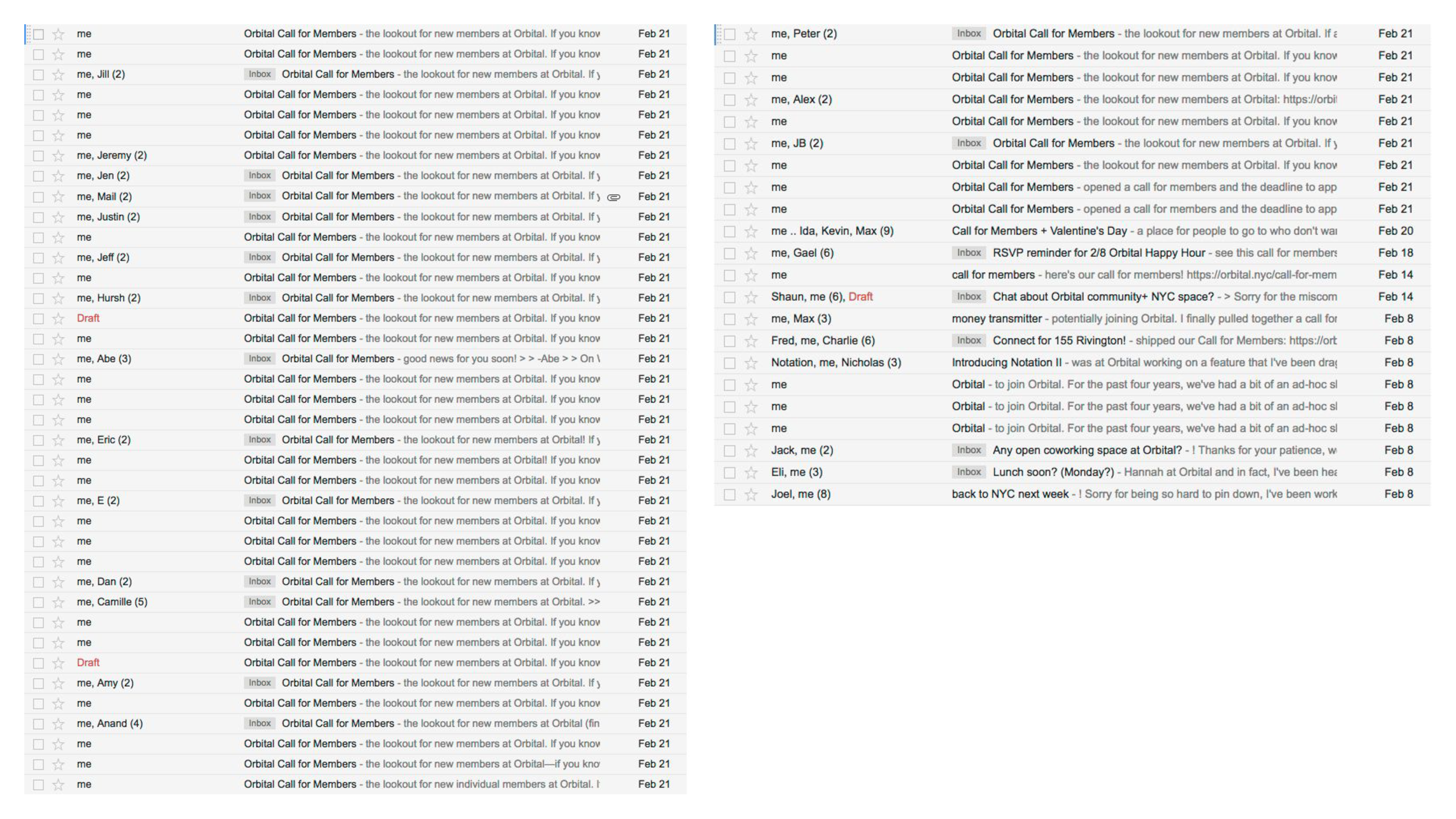 Screenshots of the hundreds of emails Gary sent out when Orbital was recruiting new members.