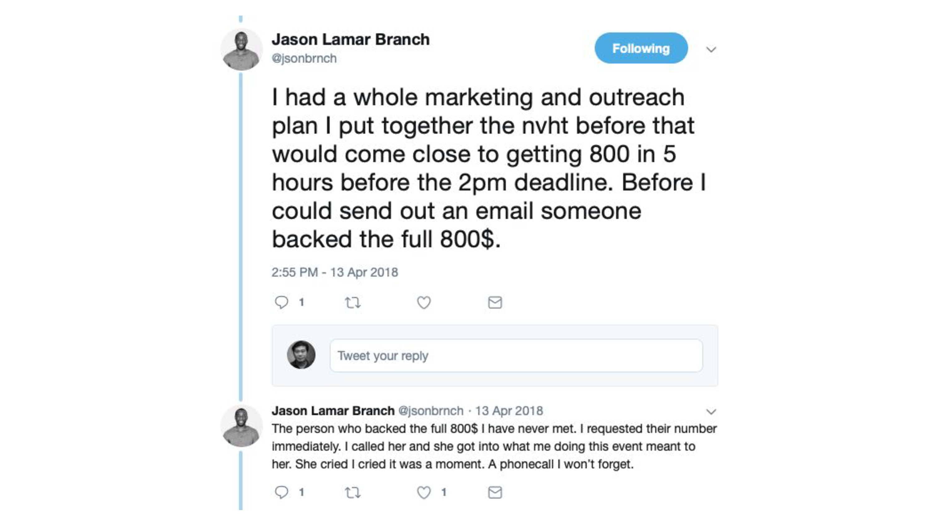 Jason Branch's Twitter thread about how his project crossed the finish line.